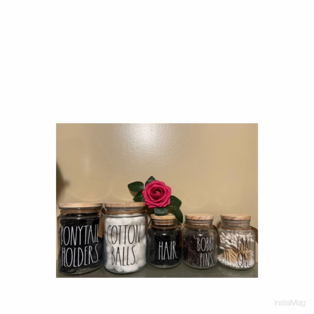 Rae Dunn Glass Jars Ponytail Holders, Cotton Balls, Hair, Bobby Pins & Take One
